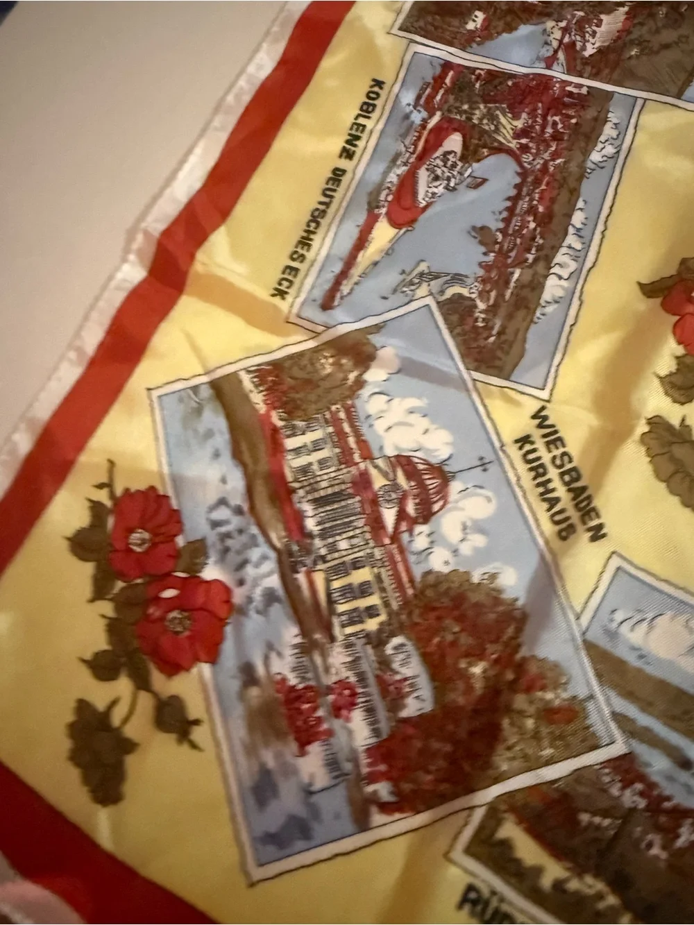 Yellow Scenic Rhine Souvenir Scarf with Red Floral Accents